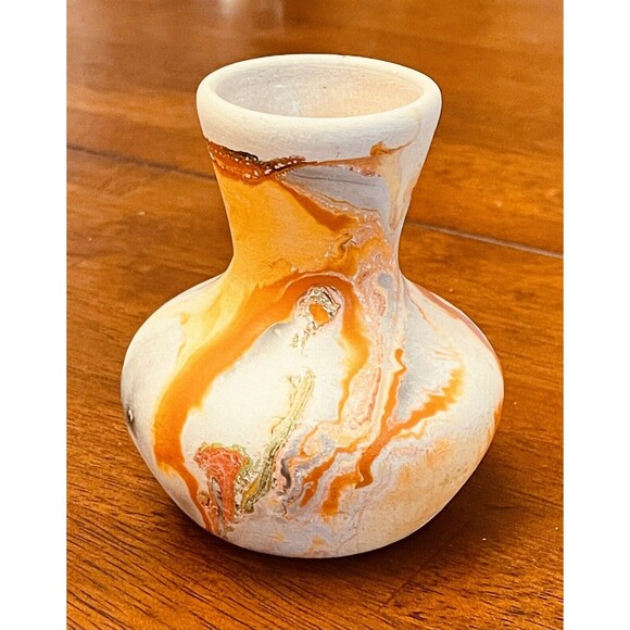 Nemadji Clay Pottery Vase Orange Blue Grey Swirls Indian Folk Art 3.5" USA - Picture 3 of 7